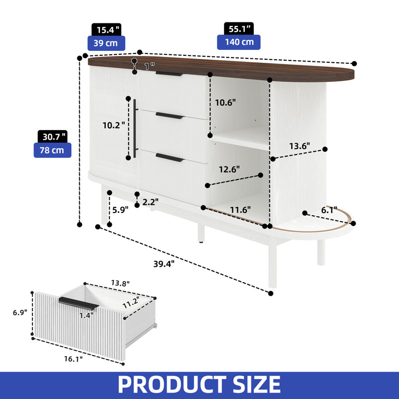 55" Oval TV Stand, TV Console With Sliding Hidden Storage and 3 Drawers, White/Brown