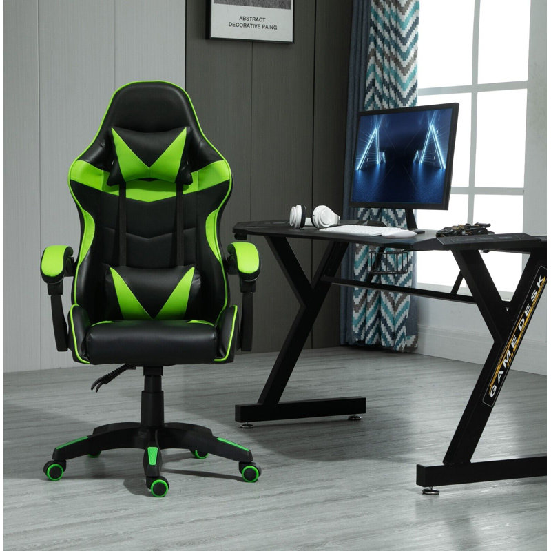 Inbox Zero Adjustable Reclining Ergonomic Faux Leather Swiveling PC & Racing Game Chair, Green