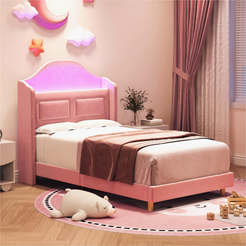 Twin Bed Frame with LED Lights, Velvet Upholstered Wingback Storage Headboard, No Box Spring Needed, Pink