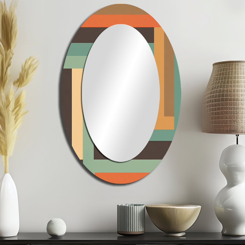 Graphisme vintage du milieu du siècle V - Grand miroir mural ovale sur support métallique, 36 po x 24 po