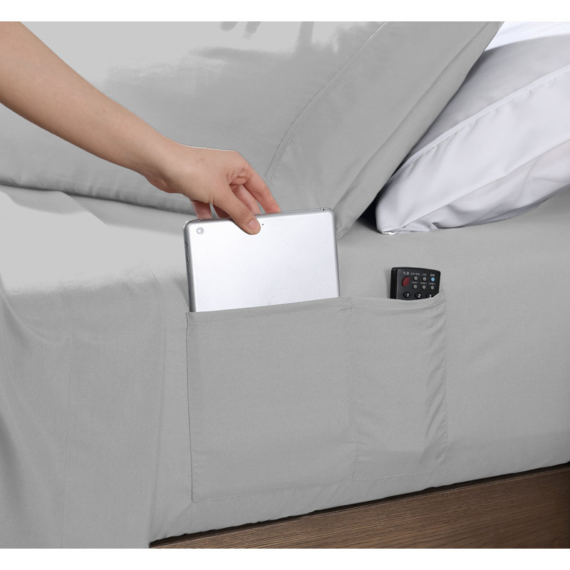 Queen Silver Microfiber Smart Sheet Set with Storage Pockets