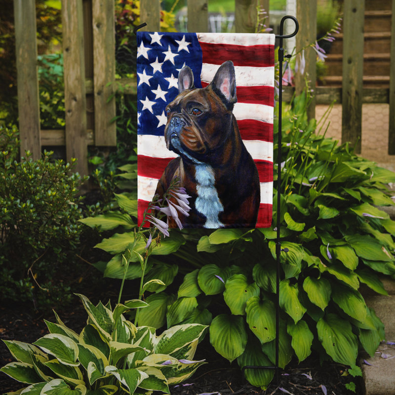 2 côtés en polyester de 2 côtés american drapeau de jardin, Bouledogue français brun / blanc
