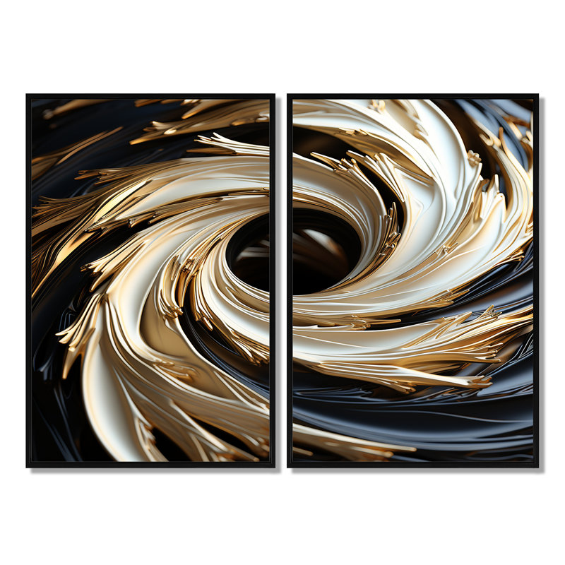 Spirale abstraite blanche et dorée abstraite - spirales abstraites, art mural, 36" H x 48" W, Impression encadrée flottante