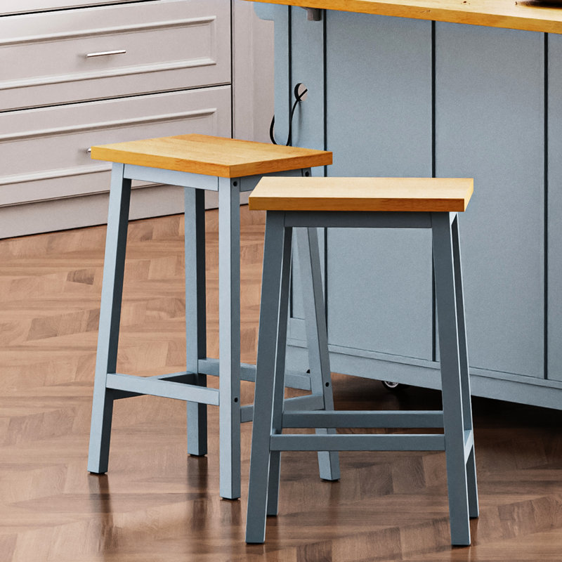 Structure de 2 chaises d'îlot de cuisine en bois massif de 25,6 po de hauteur bleu gris avec repose-pieds et tabourets de soutien stable