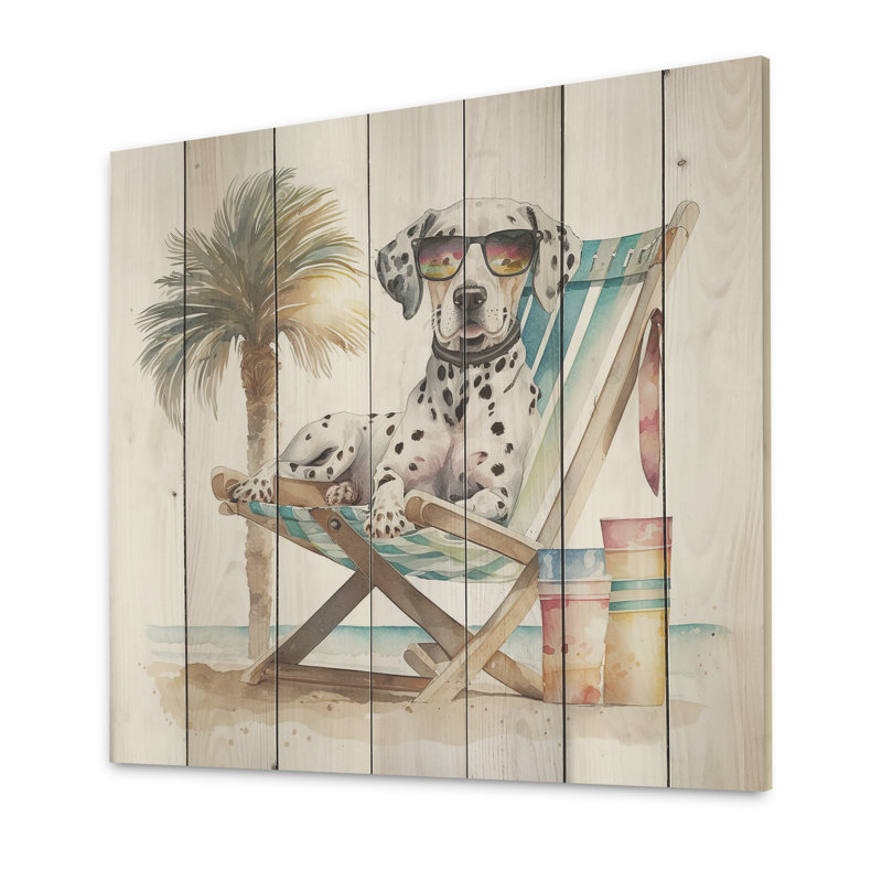 Chien Witt se prélassant sur la plage avec des lunettes de soleil II - impression sans cadre sur bois