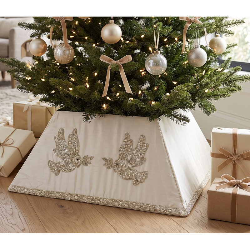 Collier d'arbre de Noël réglable perlé à la main - Colombes sur soie blanche