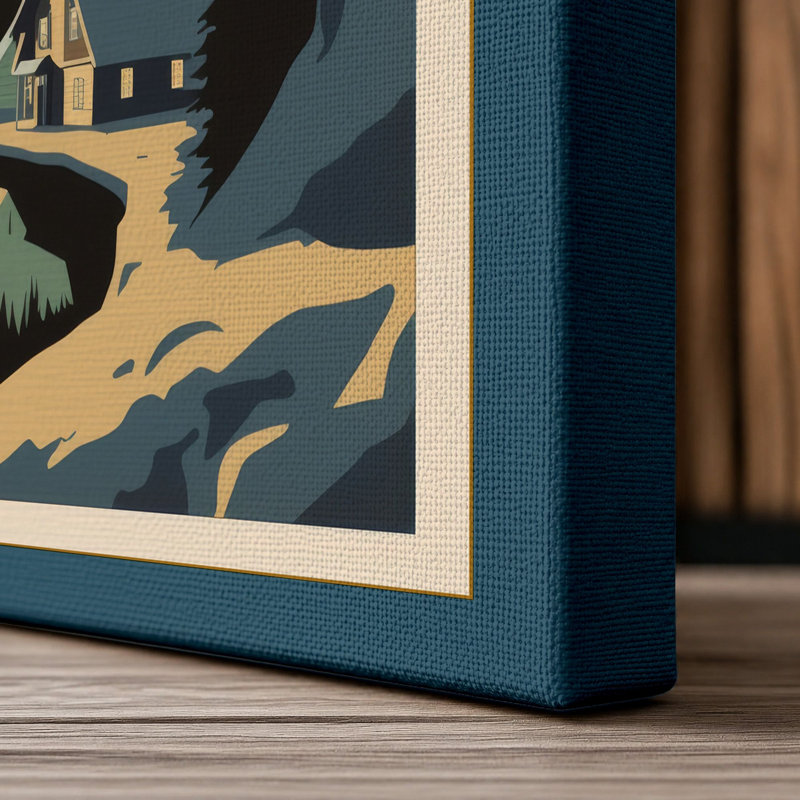Mountain at Silence Japandi - Wrapped Canvas, 24x16 - 61.0 x 40.6 cm, Teal Border
