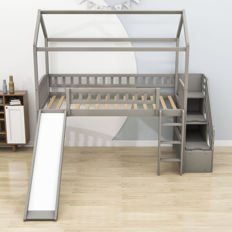Twin Size Wooden House Loft Bed With Slide And Storage, Gray