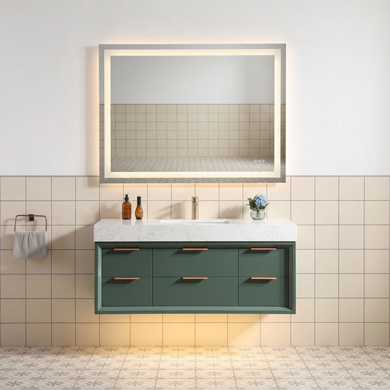 Meuble-lavabo vert 48 po avec comptoir en marbre d'ingénierie, lavabo simple encastré, six tiroirs à fermeture en douceur