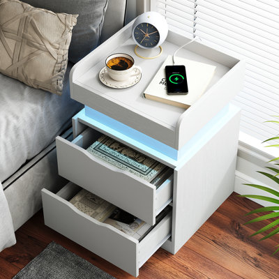  Lumina 2-Drawer Wood Modern Nightstand With Charging Station & LED Light