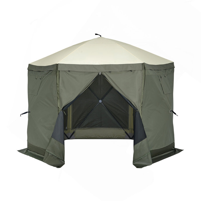 Tente pour abri de jardin Pop Up, abri de soleil à auvent à 6 côtés avec 6 toiles d'intimité amovibles et fenêtres en filet, tente écran rapide 10 x 10 pi avec moustiquaire, vert armée