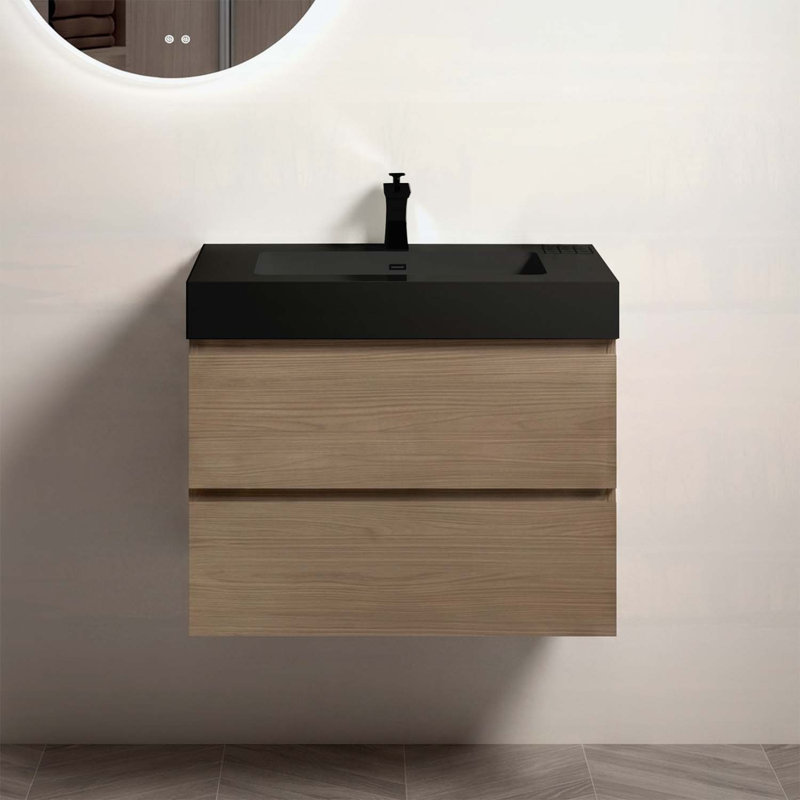 Meuble-lavabo mural 30 po en noyer brun avec lavabo, grand meuble-lavabo flottant mural pour salle de bain moderne