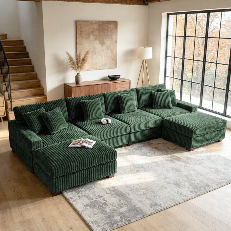 6 - Piece Upholstered Green Faux Rabbit Fur Flannel Modular Sectional Sofa with Throw Pillows & Removable Ottomans