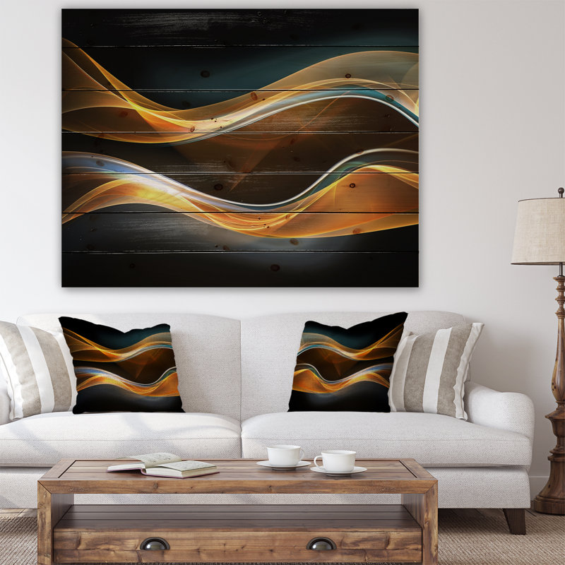 Corwin 3D Gold Waves en noir - impression abstraite, H 36 po x l 46 po x P 1,5 po, Bois