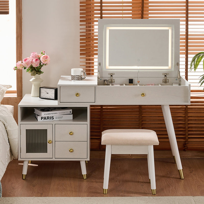 Bureau de coiffeuse 3-en-1 avec miroir basculant éclairé et armoire réglable