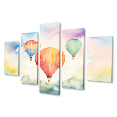 Green And Red Watercolor Hot Air Balloon Horizon III - Hot Air Balloon Multipanel Wall Art Decor