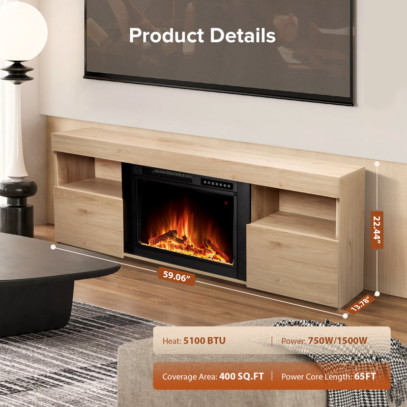 Pecan Wood 60'' TV Stand with Electric Fireplace