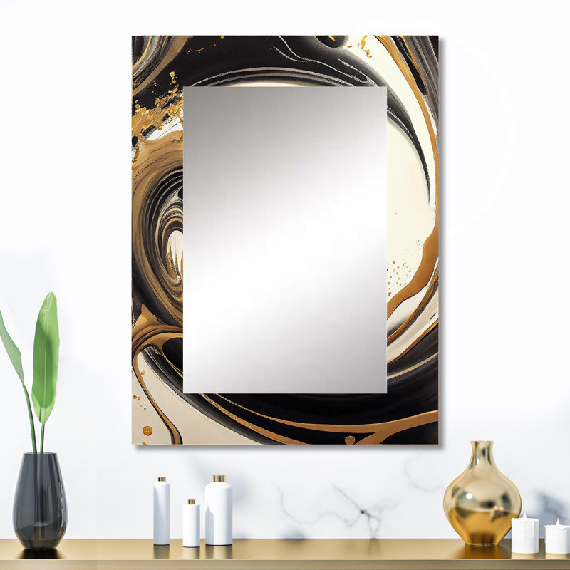 Noir et or tourbillon V - miroir unique spirales abstraites, grand miroir mural noir, art imprimé en métal, 32 po x 24 po