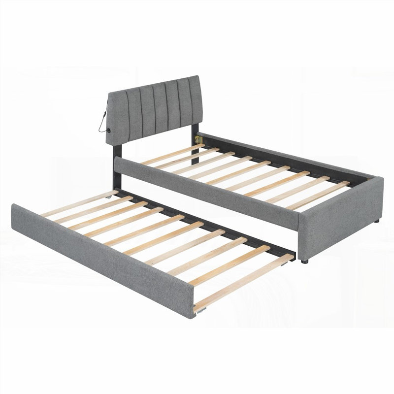Lit plateforme tapissier avec lit gigogne Teddy Durable, gris, Lit simple
