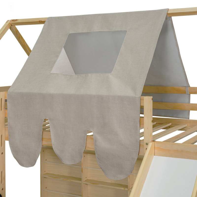 Lit mezzanine en bois simple avec structure en forme de maison avec tente