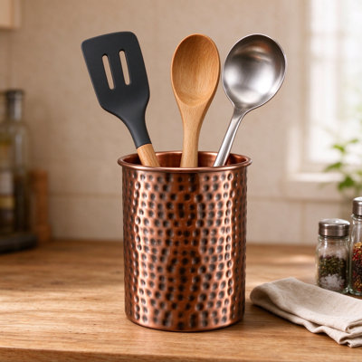 Porte-ustensiles de cuisine en cuivre antique martelé à la main, pot décoratif en métal pour le comptoir, organisateur de spatules et d'ustensiles de cuisine, porte-ustensiles artisanal