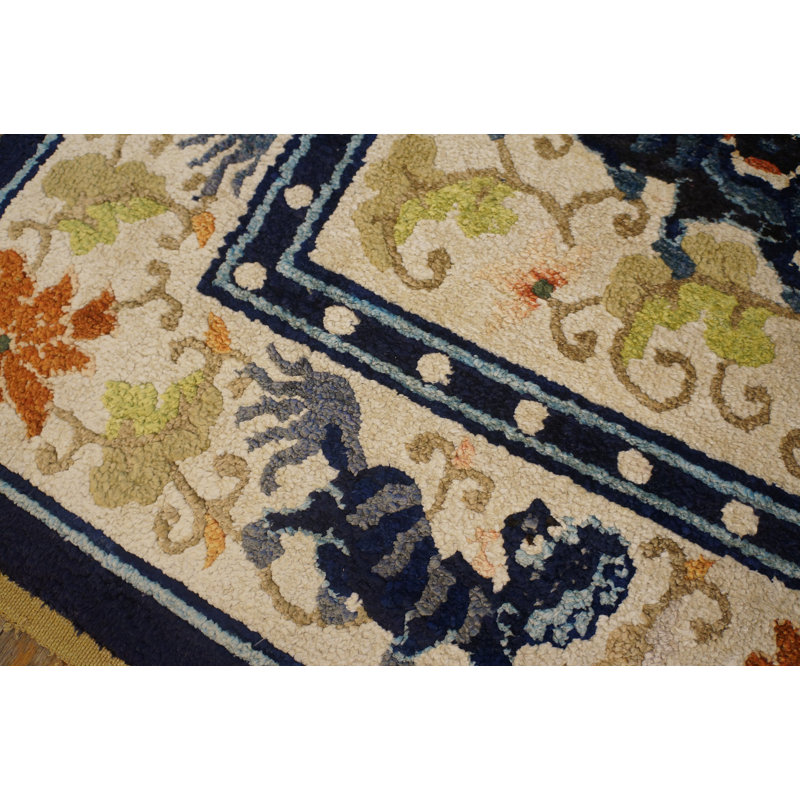 Light Ivory Color Antique Silk Pile Chinese Foo Dog Design Area Rug