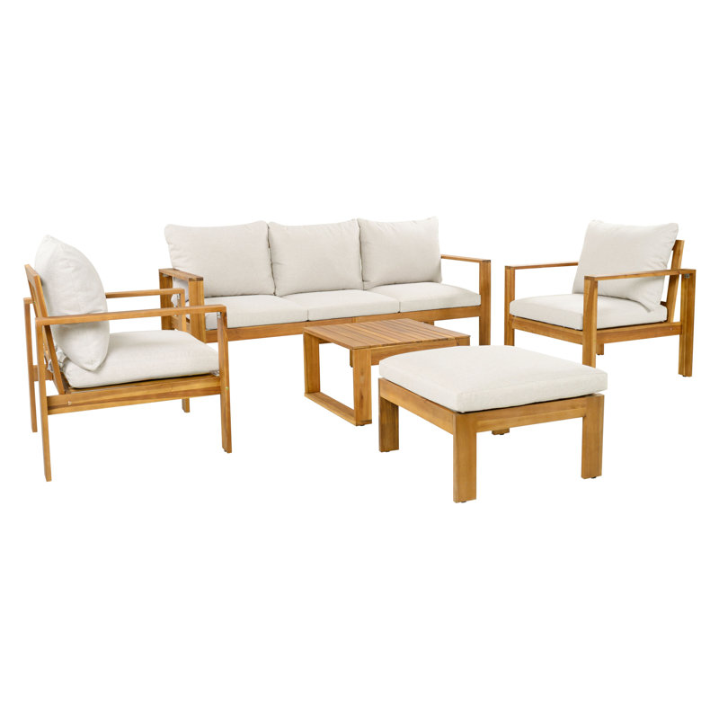 Ensemble de canapé modulaire d'extérieur 5 pièces en bois d'acacia avec coussins gris et beiges