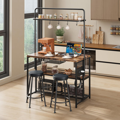 Space-Saving Kitchen Island Table with Power Outlet & USB Ports, 3-Tier Storage Shelf, Basket Drawer, 5 Hooks, Farmhouse Coffee Bar Microwave Stand with 2 Bar Stools