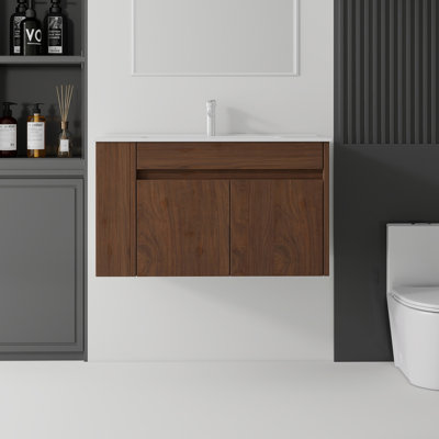Meuble-lavabo flottant 36 po avec lavabo, porte à fermeture en douceur, lavabo en céramique, contreplaqué 36 po