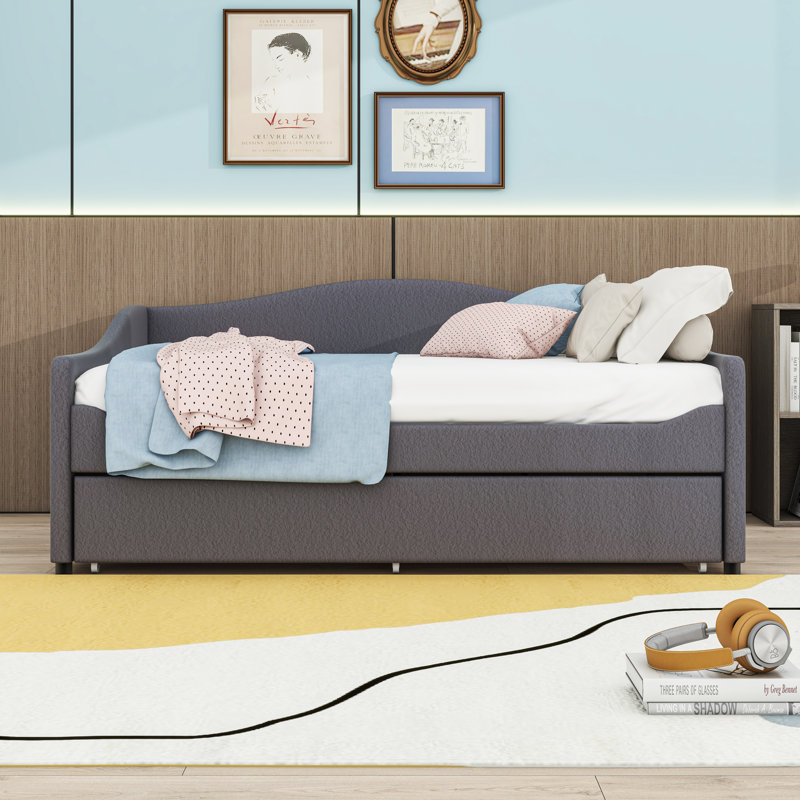 Upholstered Daybed with Trundle and LED Lights, Gray, Full/Double