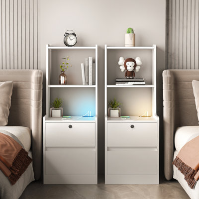 Nightstands Set of 2, with Charging Station, Smart Nightstand with Night Light, Modern Night Stand with Bookshelf, Bedside Tables with Storage Cabinet for Bedroom
