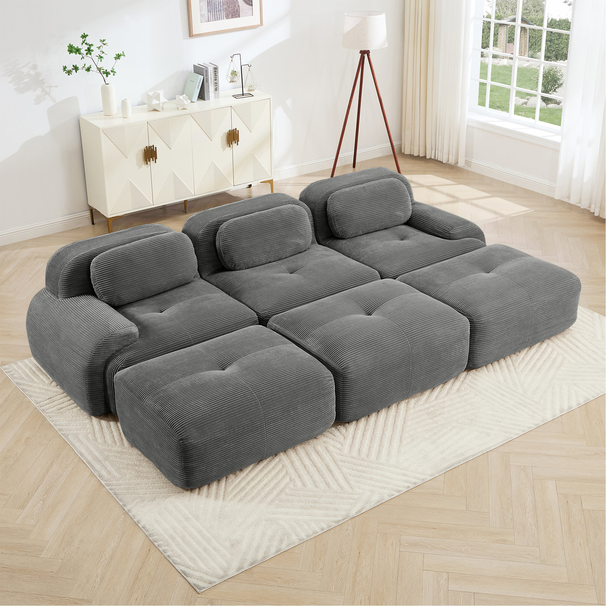 Latitude Run® Three-Seat Modular Sofa With 3 Ottomans Corduroy Fabric ...