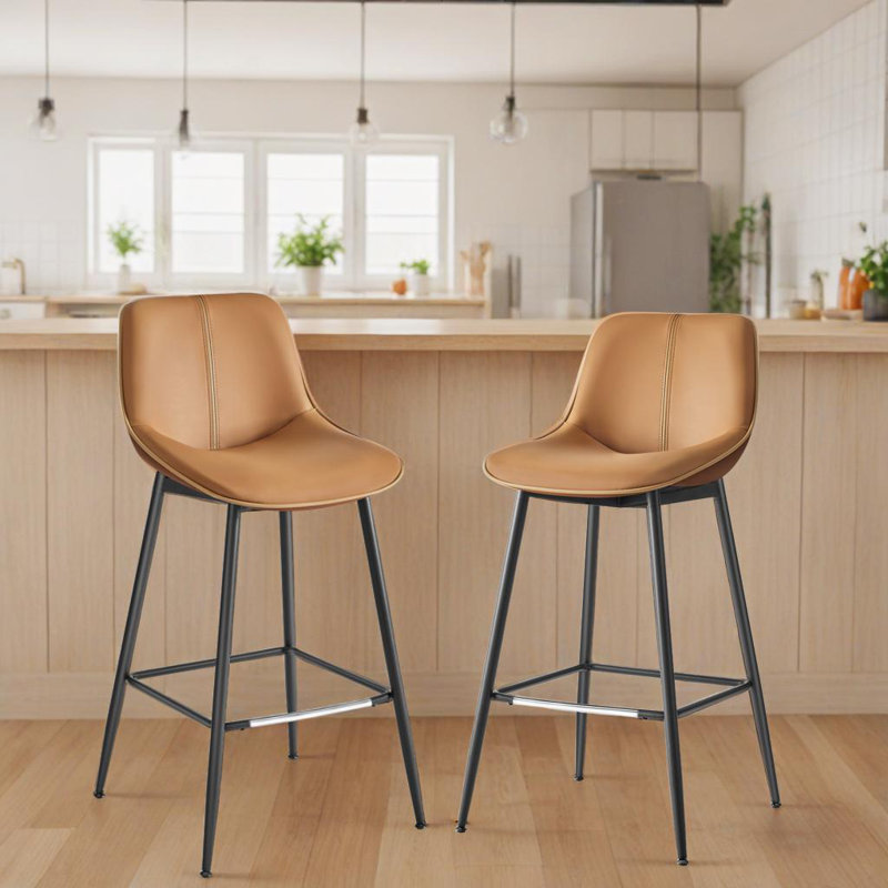 Tabourets de bar à hauteur de comptoir en cuir synthétique avec dossier Borna (ensemble de 4), Brun caramel
