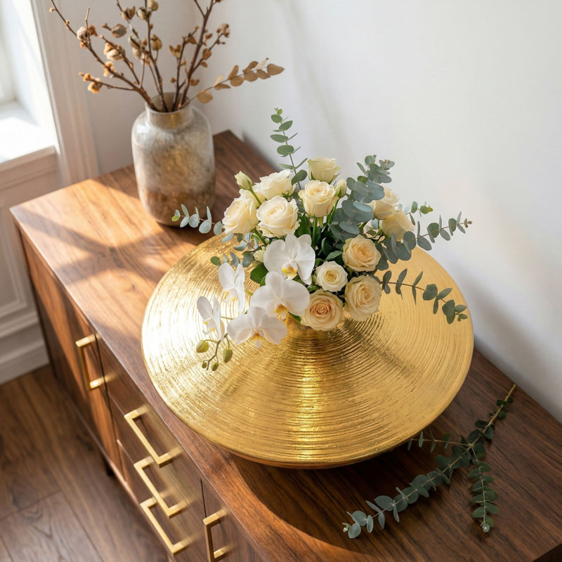 Silver Aluminium Table Vase, Flat Round Bottle-Neck Decorative Vase, Gold