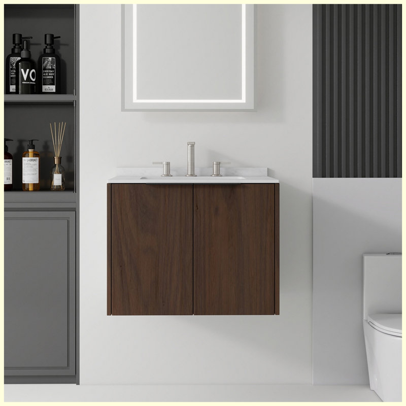 24 meubles de salle de bain flottants avec lavabo, comptoir et dosseret en marbre de culture blanc de 0,6 po Carrara, porte à fermeture en contreplaqué, brun