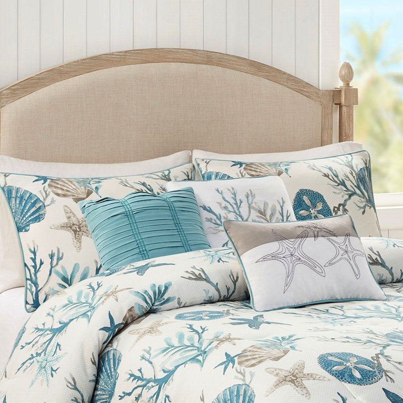 Ensemble d'édredon en coton 7 pièces - motif côtier avec coquillages imprimés, étoile de mer, coraux, sarcelle, ensemble avec style
