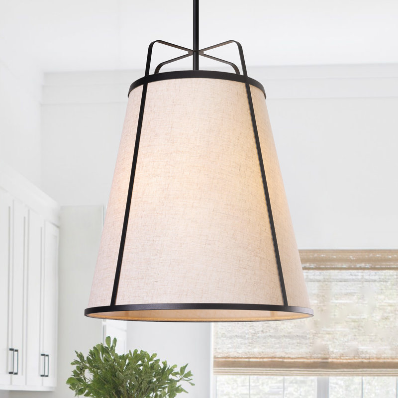 3 - Light Black Dimmable Tapered Pendant With Linen Shade, Matte Black, Beige