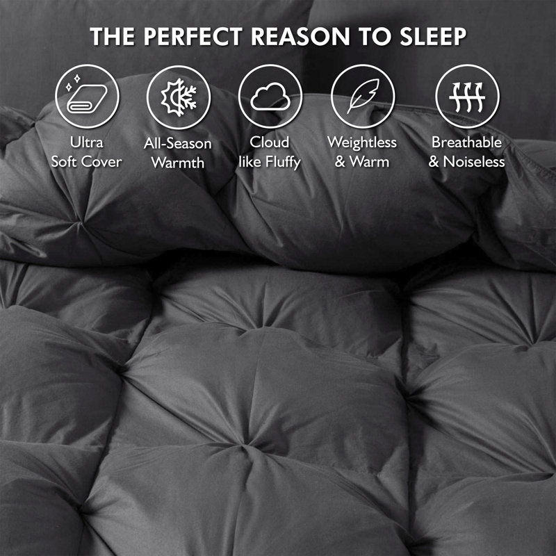 Insert de couette en duvet d'oie luxueux plissé gris toutes saisons luxueux, conception à plis pincée de qualité supérieure, housse 100% coton anti-duvet, pouvoir de remplissage de 750+, 60 à 80 oz. Poids du rembourrage