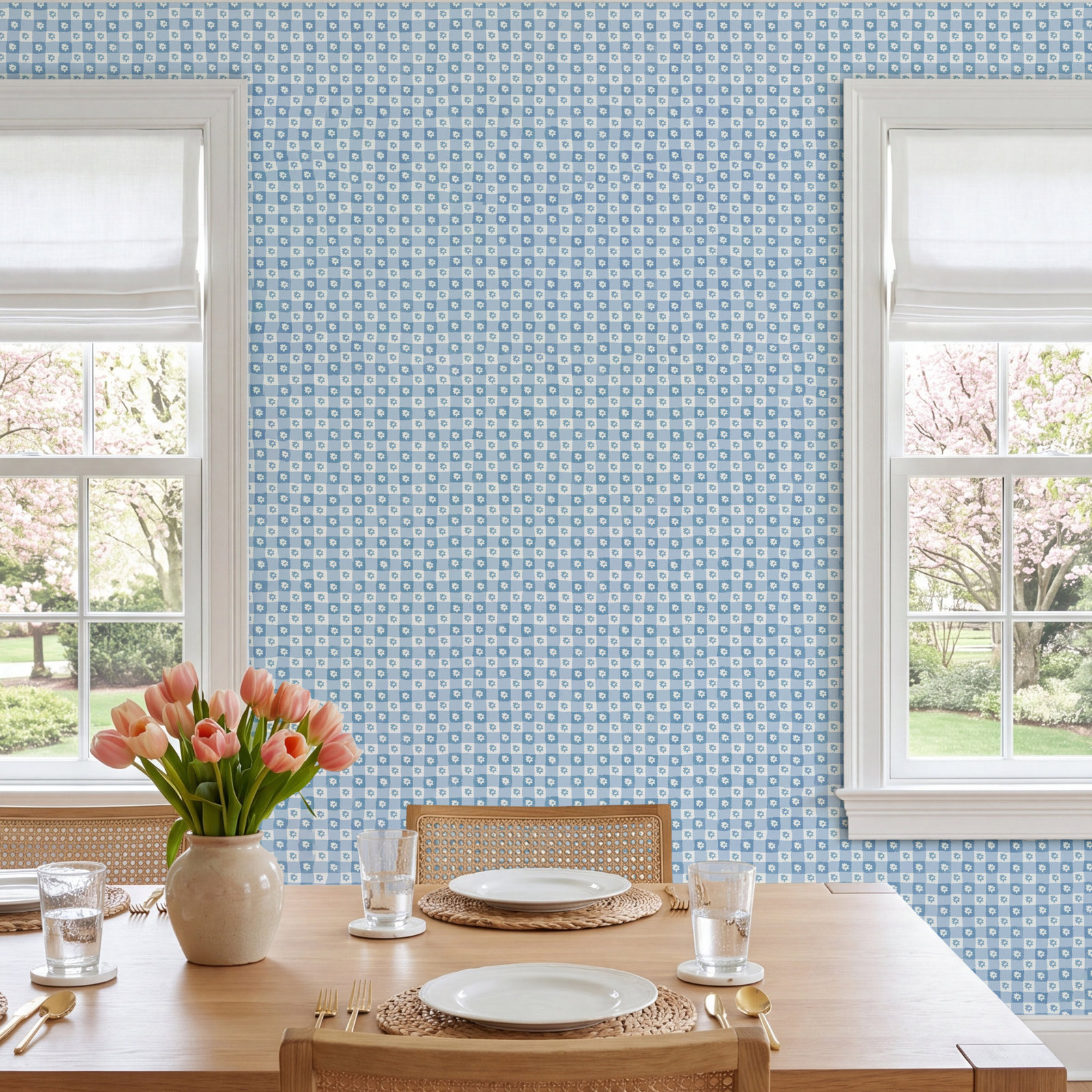 Daisy Gingham Self-Adhesive Roll, Blue