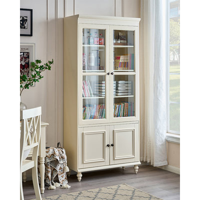 Contemporary White Solid Wood Bookcase with Glass Display Doors