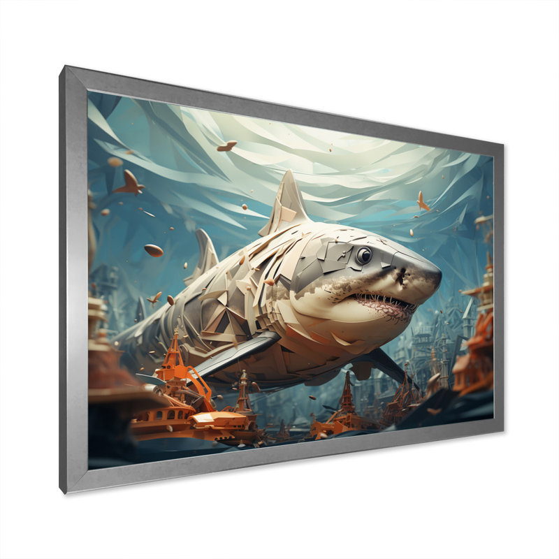 " Shark Coastal Guardian ", 16" H x 32" W x 1" D, Silver Single Picture Framed