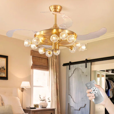 Ventilateurs de plafond en cristal doré de 48 po avec lumières, lustre de luxe 12 lumières avec ventilateur pour le salon, fandelier Spoutnik moderne avec télécommande pour la chambre à coucher, ventilateur de plafond rétractable en laiton (sans ampoule)