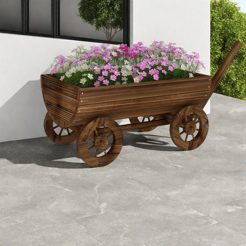 Mobile Planters, Carbonized Wood Rustic Farmhouse Wagon For Garden