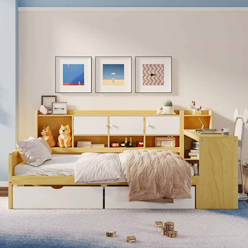 2 Drawers Daybed With Desk And Bookcase, Natural/White, Full