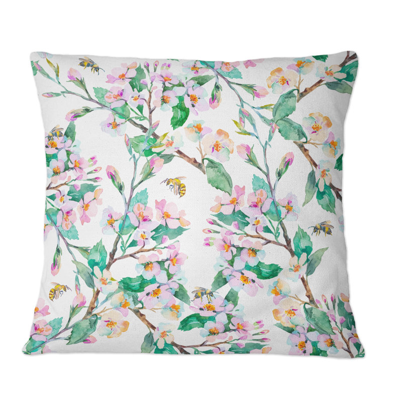 Motif printanier avec branches fleuries et abeilles - Coussin décoratif à motif, 18 po x 18 po