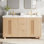 Meuble-lavabo double avec lavabos en résine, poignées en bois massif et portes et tiroirs à fermeture en douceur, grain de bois naturel, tablettes réglables