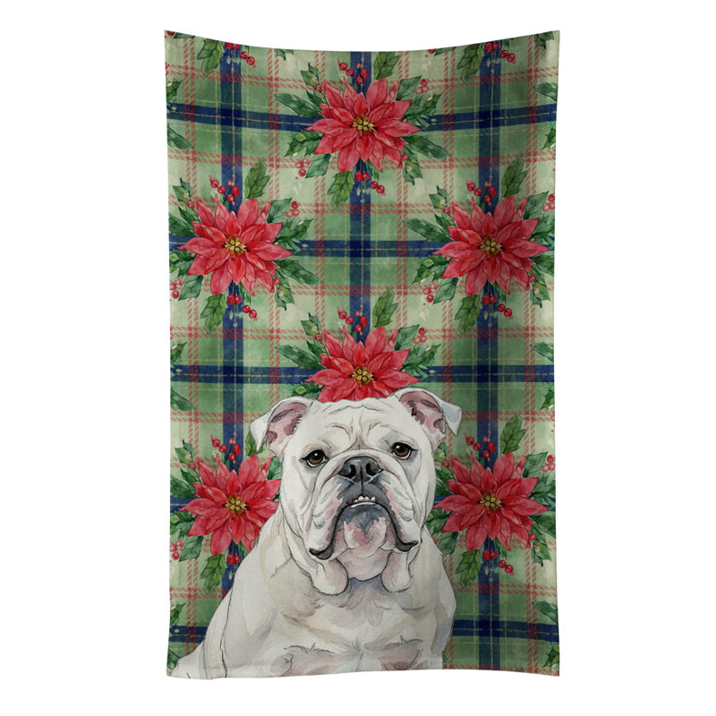 White English Bulldog Christmas PoinsettIas Kitchen Towel, White English Bulldog
