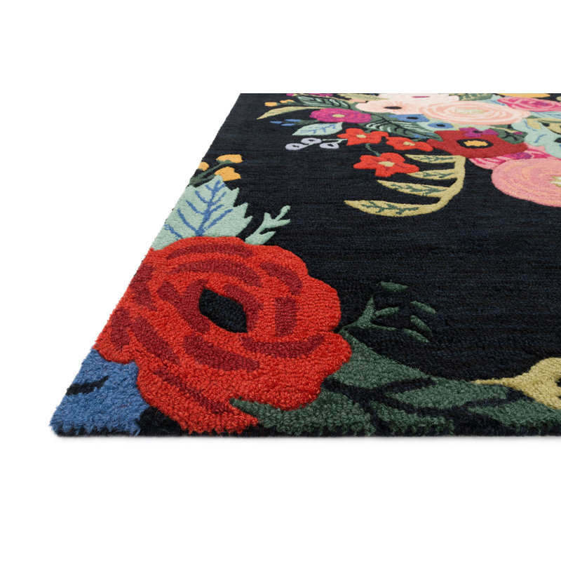 Tapis noir Rifle Paper Co. x Loloi Les Fleurs LES-03, Rectangle 3 pi 6 po x 5 pi 6 po