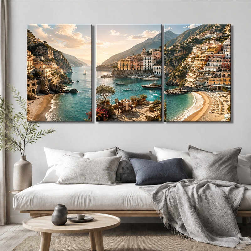 3 panneaux muraux sur la côte d'Amalfi, bord de mer méditerranée, impression sur toile pour le salon, 12 * 18 pouces * 3