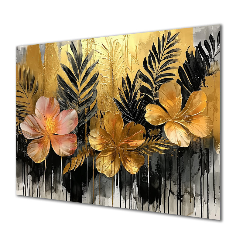 Hibisuc doré dans une symphonie tropicale III - Hibiscus, art mural en métal pour le salon, H 12 po x l 20 po